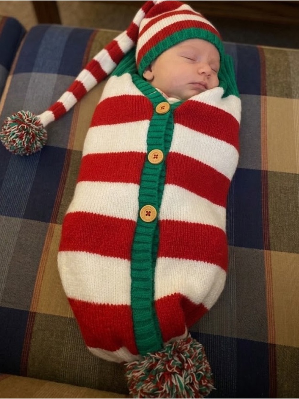 Newborn Red & White Striped Elf Sack with Green Trim